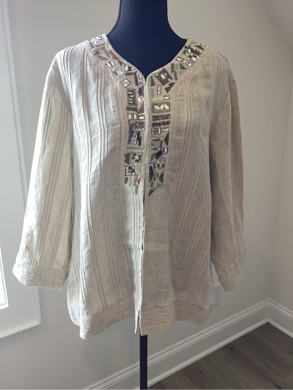 Chico’s Size 3 Linen Embellished Jacket Boho Luxe Coastal Resort Metallic XL